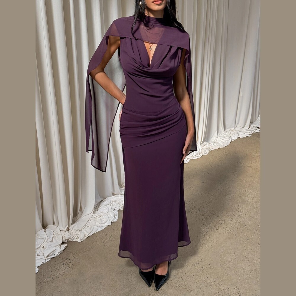 Plum Purple Draped Cape Sleeve Cowl Neck Ruched Maxi Dress